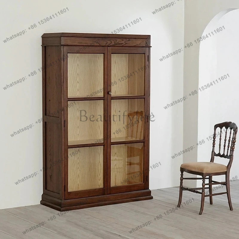 خزانة عرض زجاجية من الخشب الصلب للمنزل القديم الأمريكي الريفي القديم، خزانة جانبية عالية طبق الأصل من اليابانية العتيقة
