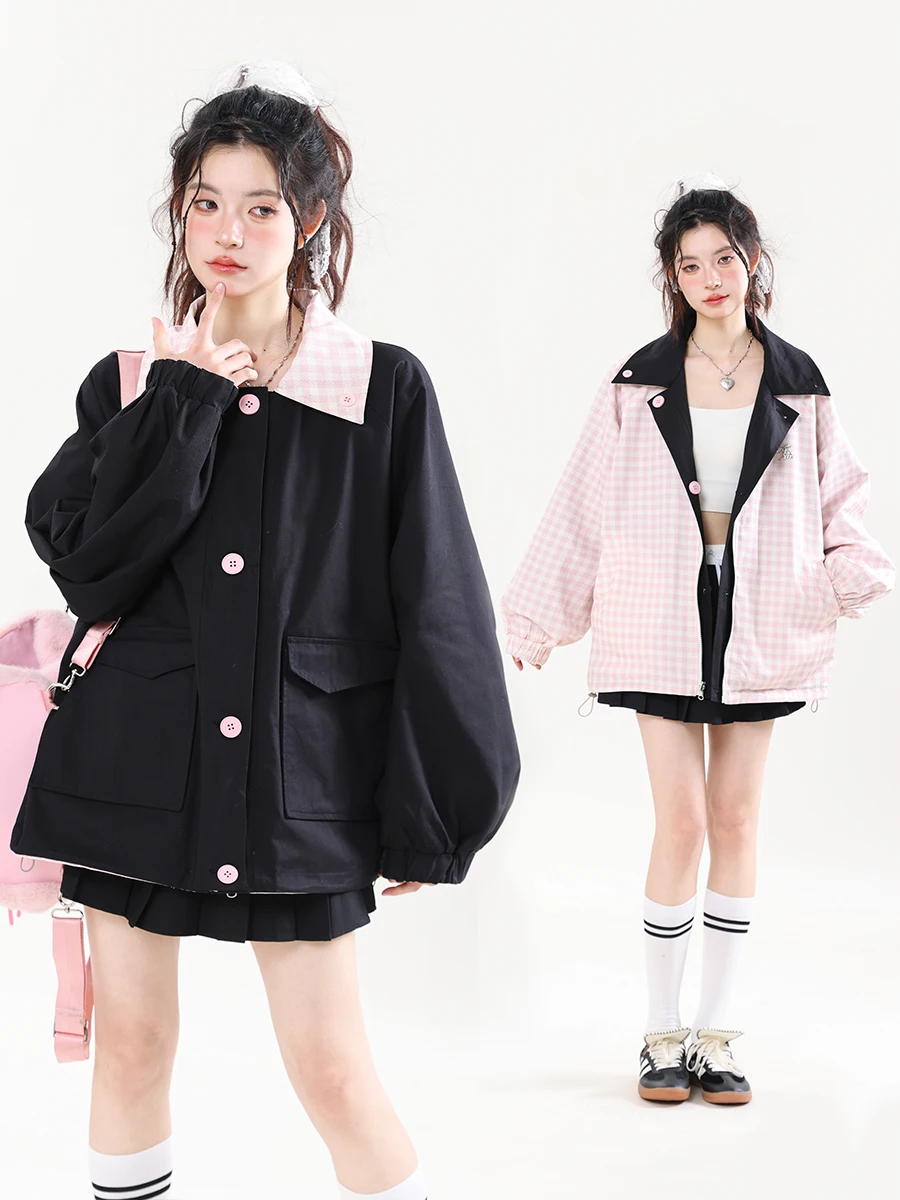 

Двусторонняя одежда, свободная уличная женская куртка AONW, уникальный дизайн, клетчатая одежда, черно-розовая верхняя одежда, весна-осень