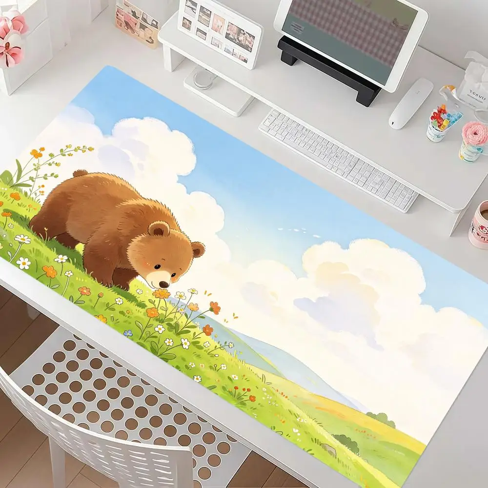 Meadow Cute Brown Bear Desk Mat Large Size Precision Tracking Smooth Cloth Surface For Fresh Student Dorm