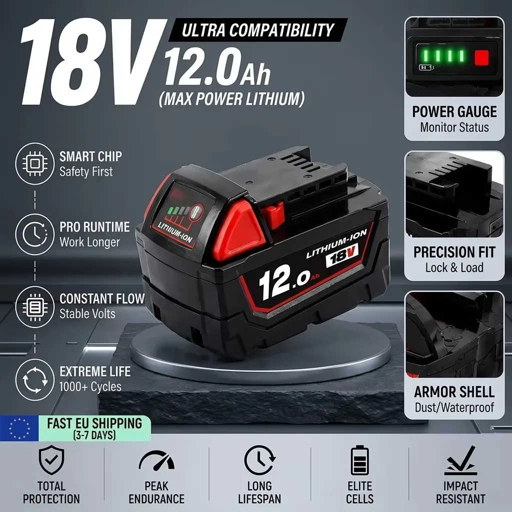 Image of Hochwertiger 18V 12000mAh Lithium-Ionen-Ersatzakku mit großer Kapazität, 100% geeignet für Milwaukee M18 48-11-1860 48-11-1850 48-11-1840.