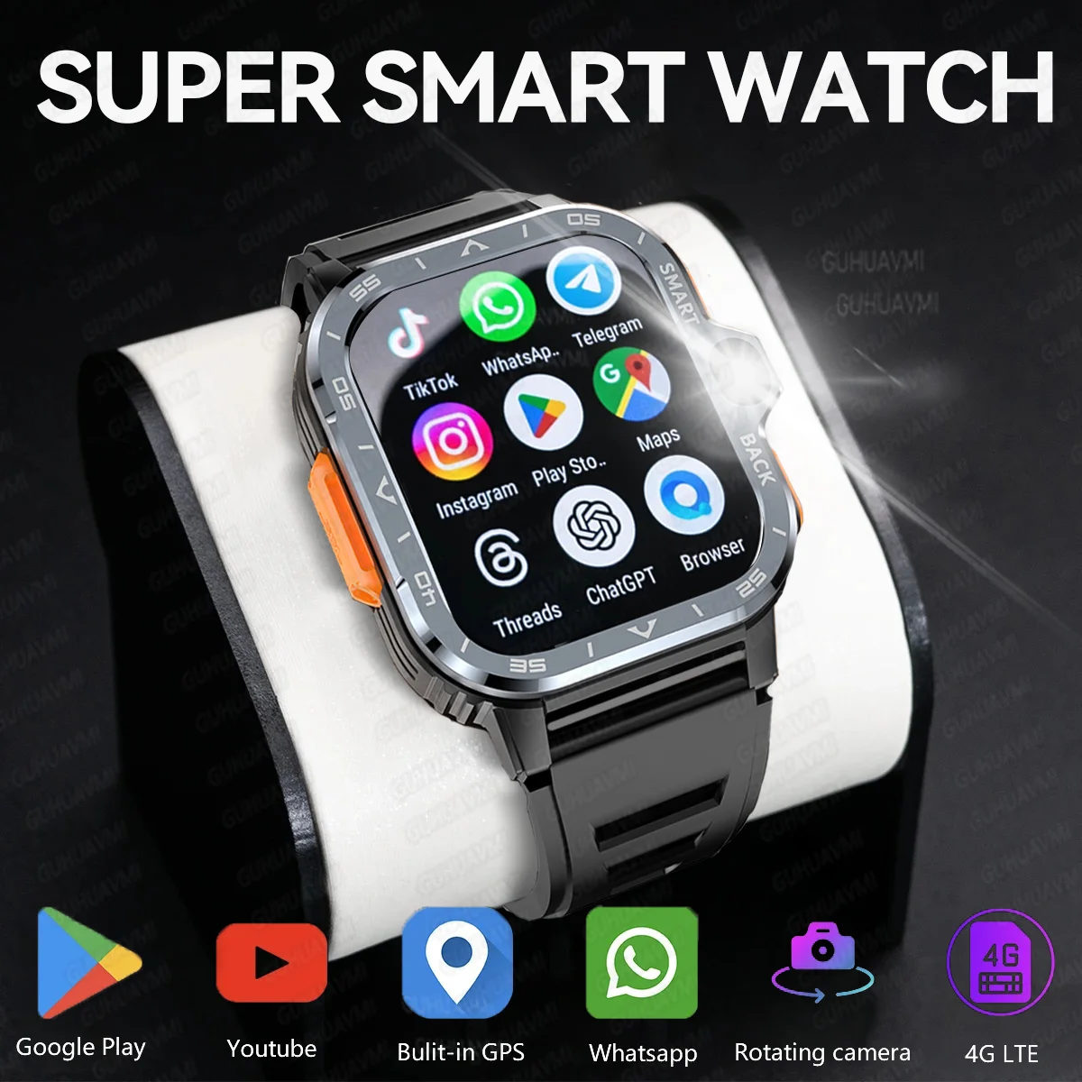 PGD SmartWatch 4G LTE GPS Wifi SIM Card NFC Dual Camera Rugged 64G ROM Storage Heart Rate Sports Smart Watch Men
