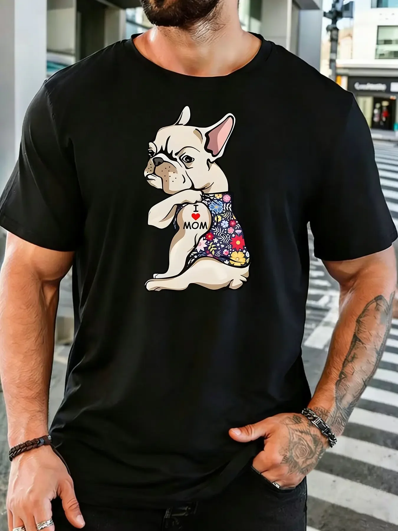 Floral French Bulldog I Love Mom Tattoo Graphic Mens Cotton Tee Short Sleeve Crew Neck Animal Print Male Casual Mother Day Gifts