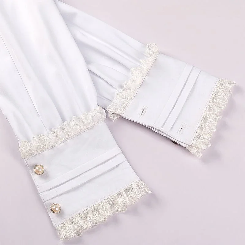 Camisas blancas con volantes Vintage para mujer, blusas estilo pijo japonés con lazo de Lolita, blusas ajustadas de manga larga negras con retazos de encaje gótico