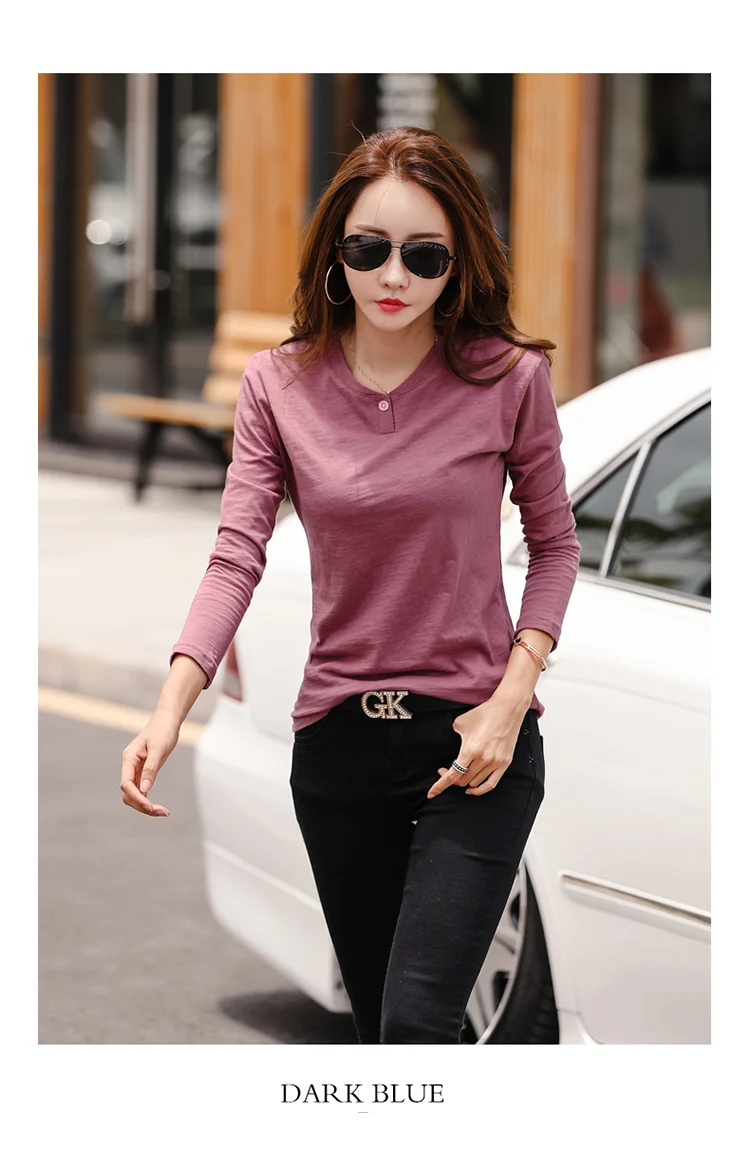 2026 Langarm Frühling Damen Slub-Baumwoll-T-Shirts mit Knöpfen, grüner V-Ausschnitt, einfarbiges T-Shirt, kaffeefarben, koreanische weiche, lockere Oberteile – Detail 10