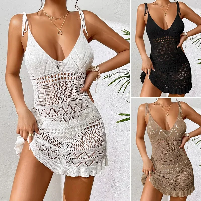 Halter Dress Clothes Women Summer Solid Color Sleeveless Knitted Cover Up Backless Stylish Beach Dresses