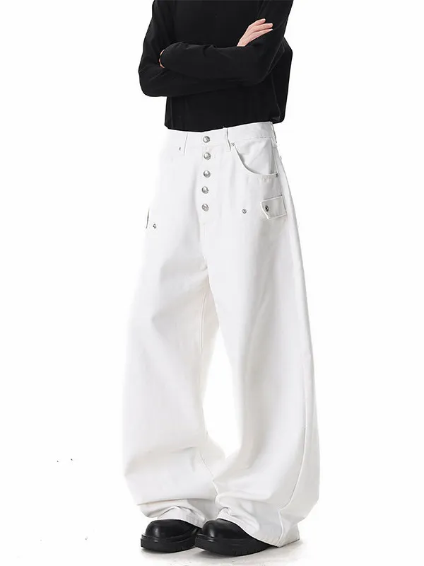 

TANGZ Studio Men's Loose Straight Leg Jeans Metal Button Design Heavyweight Wide Leg Pants Casual Cotton Blend Winter Wear