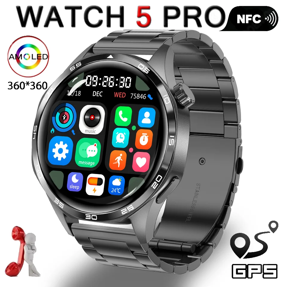 

Умные часы GT5 Pro GPS NFC для мужчин с AMOLED-экраном 360*360, монитором сердечного ритма, Bluetooth-звонками, водонепроницаемостью IP67