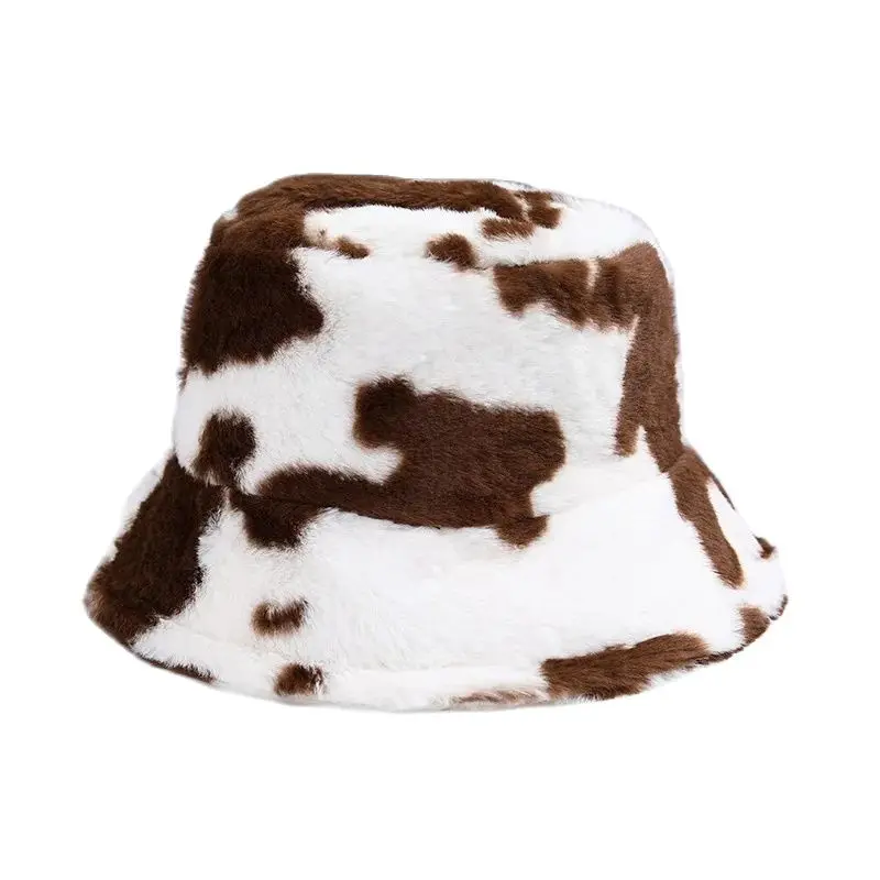Bucket Hat Women\'s  Cow Pattern Plush Basin Hat Japanese and Korean  Versatile Lamb Wool Ear Protection Hat Cute Soft Girl