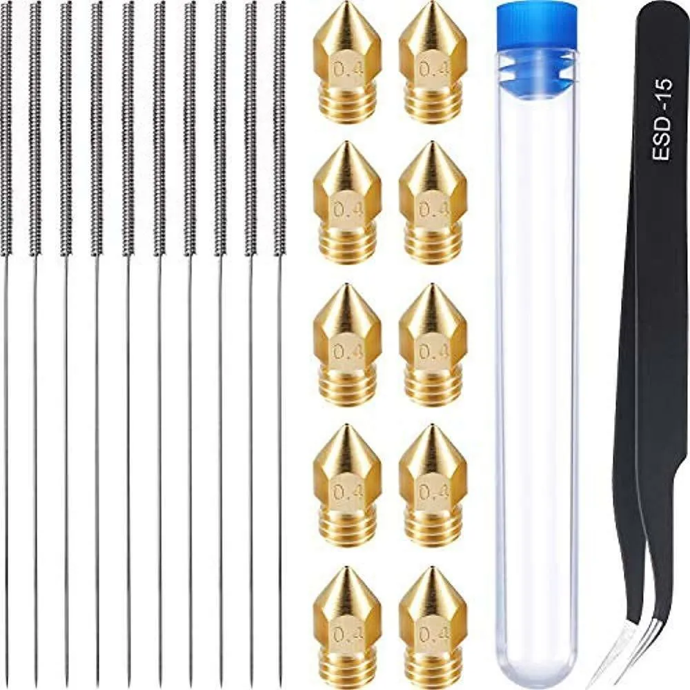 

Veekaft 3d printing accessories MK8 nozzle 0.4mm*10pcs 0.4mm needle*10pcs and 1 tweezers tool set