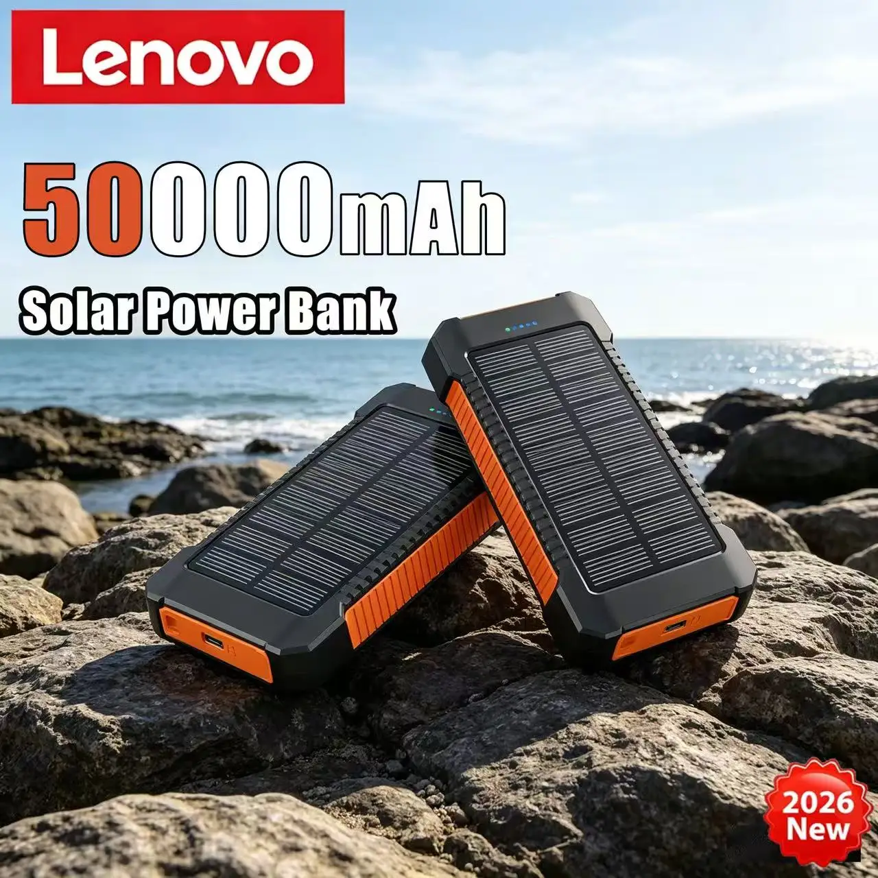 

Портативный внешний аккумулятор Lenovo 50000 мАч на солнечной энергии с супербыстрой зарядкой для Huawei Samsung 2026