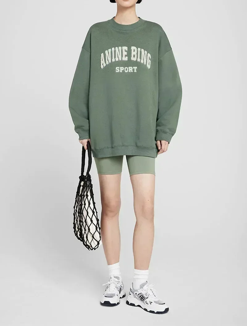 Early Autumn New North American Niche AB Classic Letter Hand Embroidery Embroidered Round Neck Green Loose Hoodie Woman