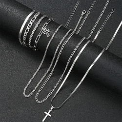 7Pcs Cross Necklaces Bracelets for Women Men Hip Hop Silver Color Stainless Steel Punk Cuban Chain Jewelry Sets Birthday Gift