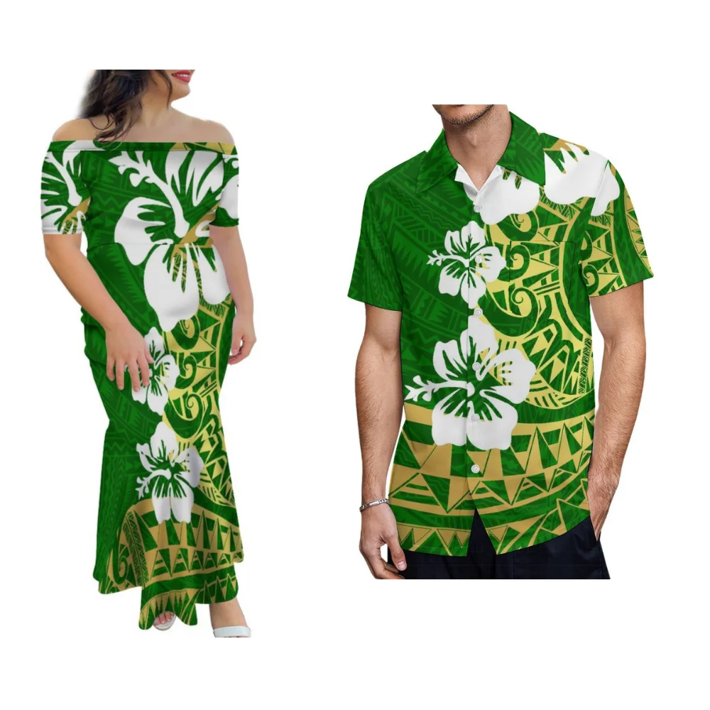 

Pacific Island Custom Women'S Dresses Men'S Shirts Polynesian Couple Sets One-Shoulder Evening Gowns Slimming Fishtail Skirts