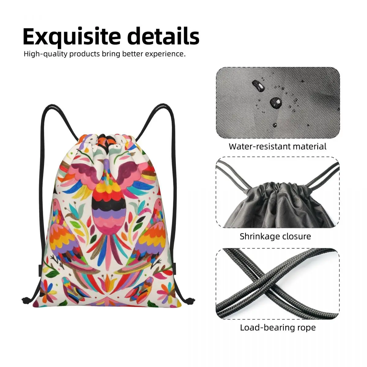 Mochila com cordão para homens e mulheres, Mexican Otomi Birds, Gym Sport Sackpack, Floral Flores Portáteis, Saco de Treino México