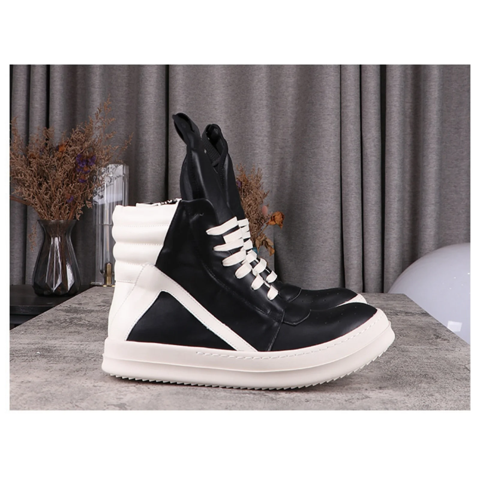 

Top Quality Boots Men and Women 35-48 Casual Fashion Punk Goth Real Leather zipper booties Platform soles Trendy High top shoes