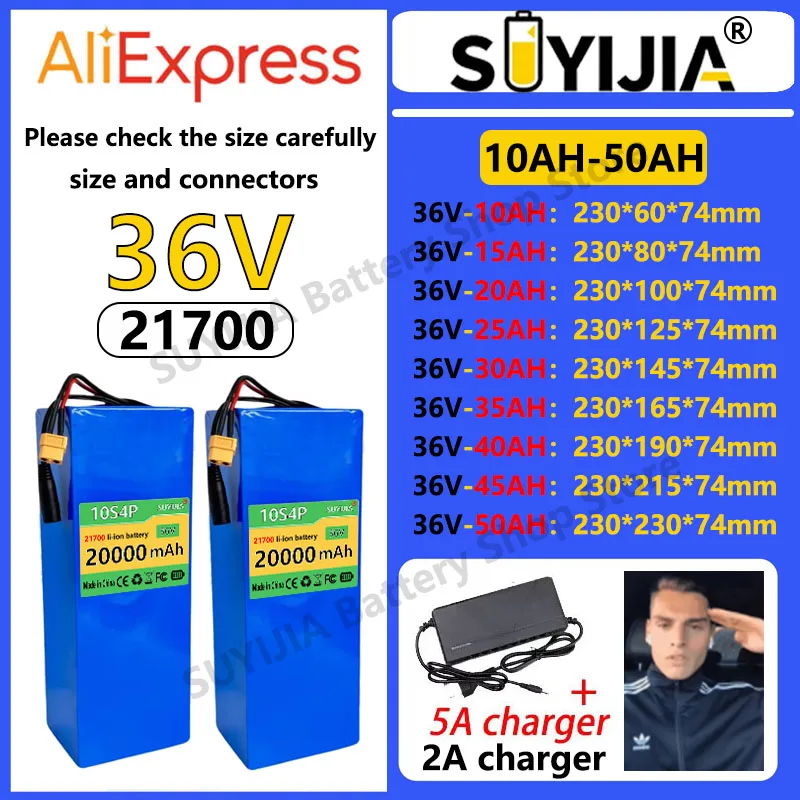 36V 50Ah 45Ah 20Ah 25Ah 30Ah 35Ah 40Ah 15Ah 10Ah 21700 Lithium Battery, High-power Battery Pack 500-1500W,+charger 2A-5A