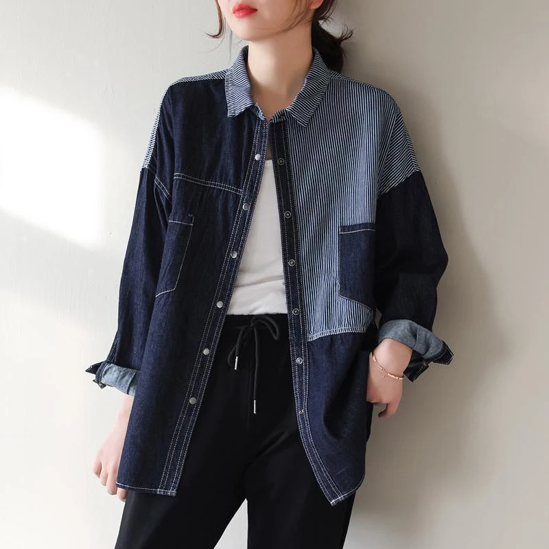 Spring Autumn Casual Fashion Striped Patchwork Denim Shirt Lady Long Sleeve Loose All-match Button Up Blouse Top Women Cardigan