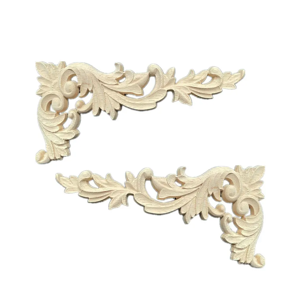 4PCS 16-34cm Woodcarving Decal Corner Wood Carved Furniture Decorative Figurine Wood Miniatures Home Decor for Cabinet Door