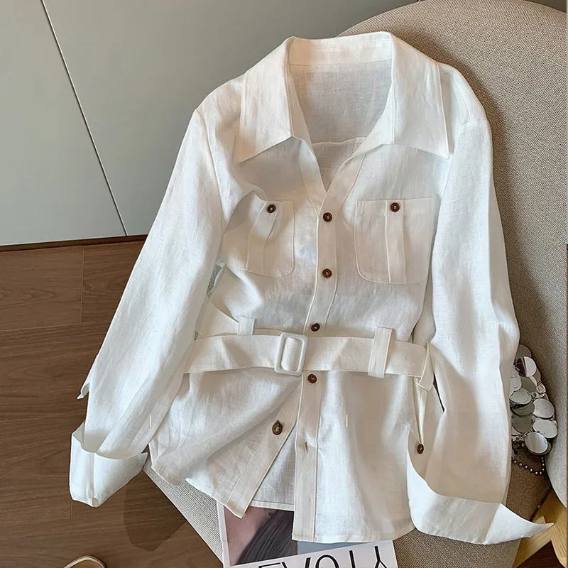 

Женская повседневная свободная рубашка Ele White на пуговицах с завышенной талией, весна 2026, новая коллекция, для офиса, из смесового льна