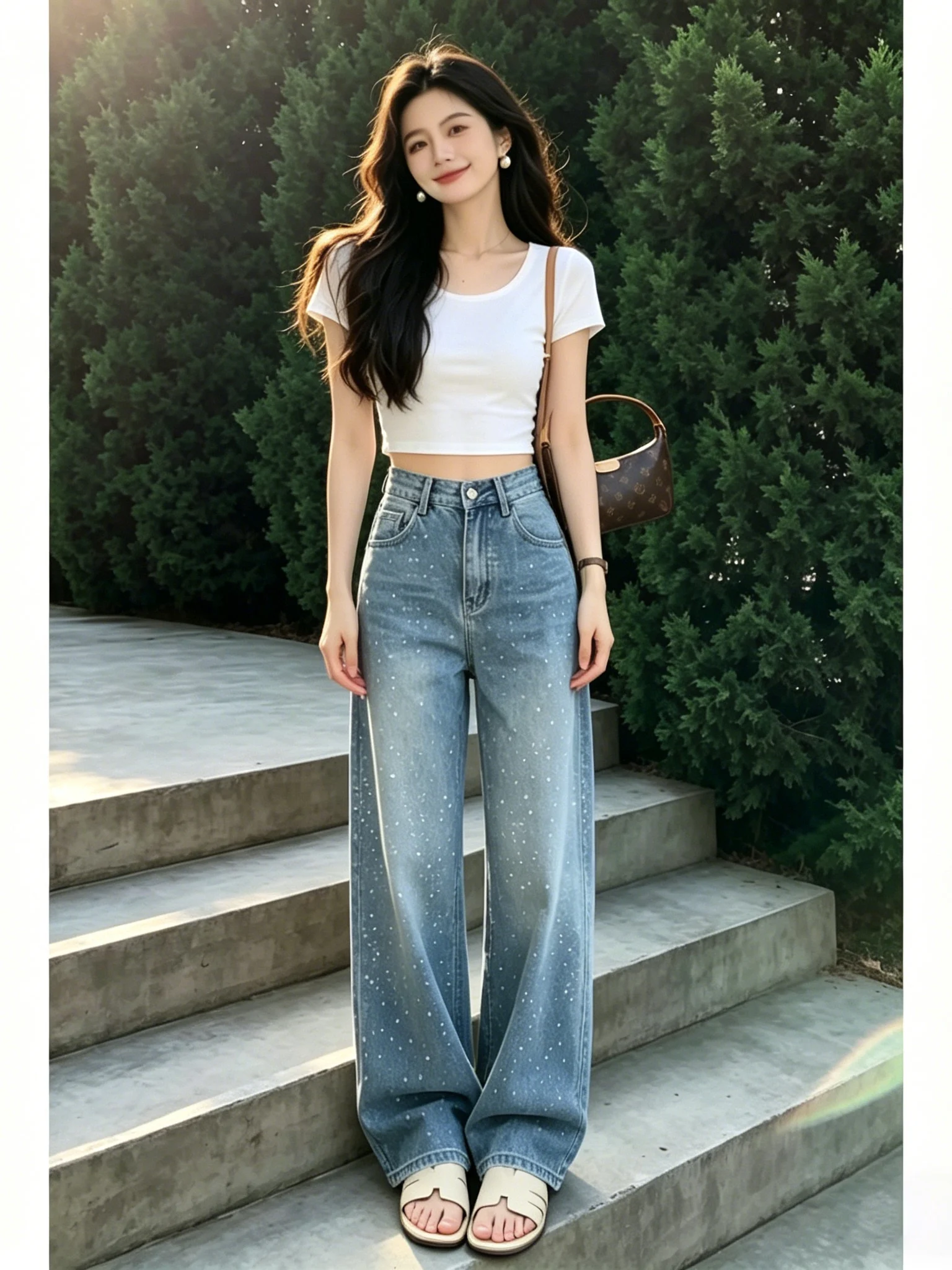 Blue Shiny Diamond Wide Leg Jeans Women's High Waist Summer New Style Small Size Straight Tube Floor-Length Pants