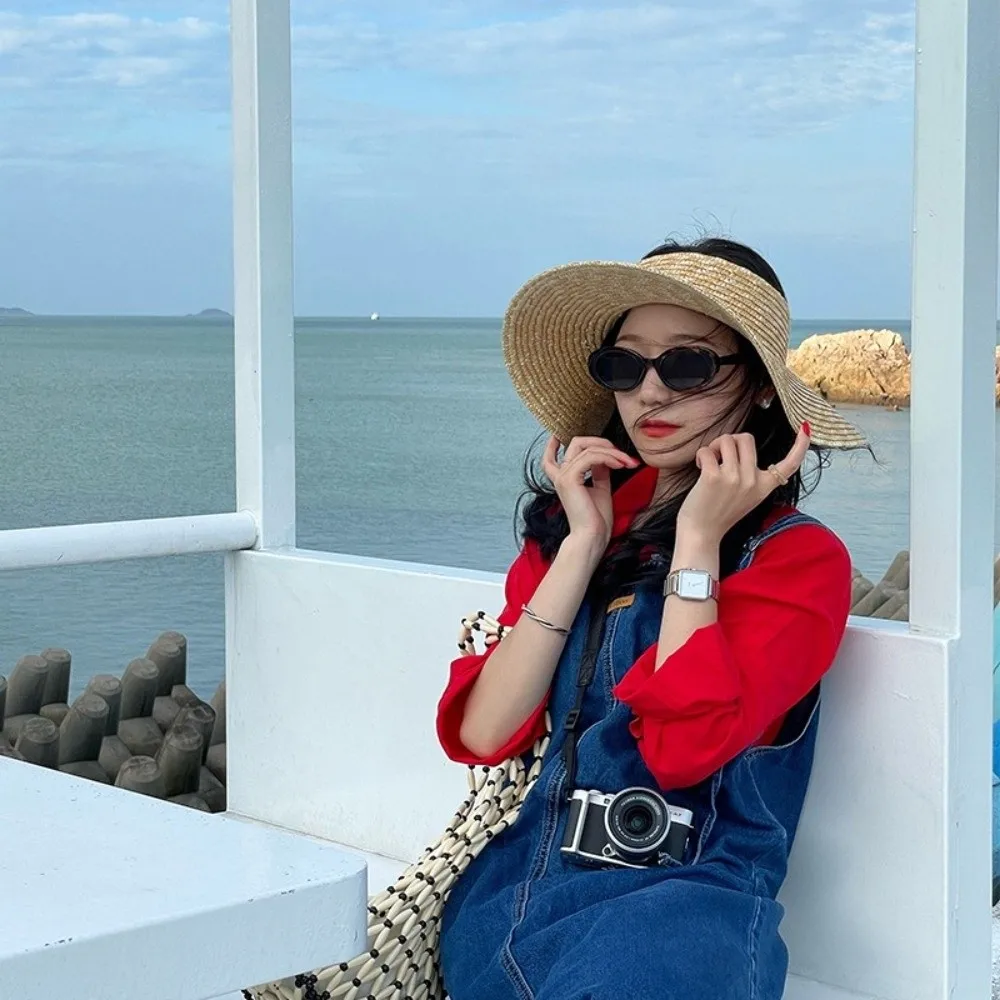 

Fashion Empty Top Round Sun Hat for Women Wide Brim Sun-protective Beach Cap Hand Weaving Breathable Straw Hat Summer
