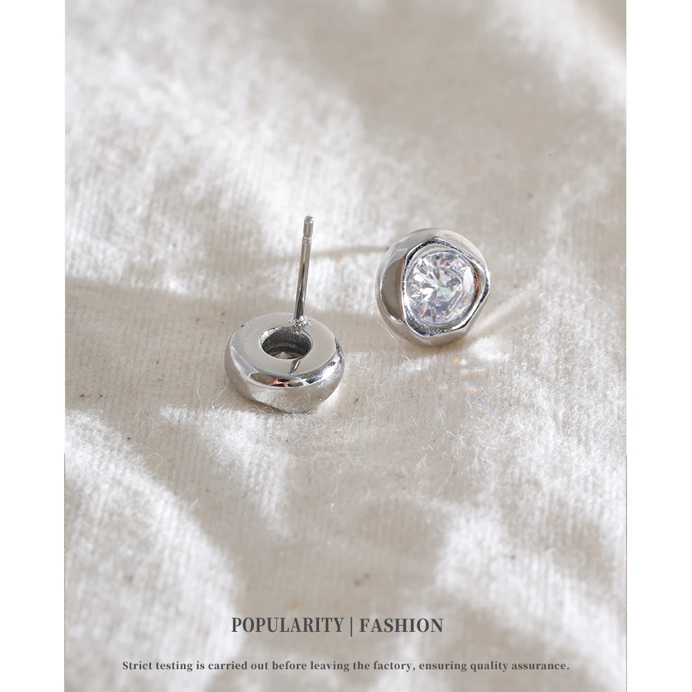 NiNice Stainless Steel Delicate Round Earrings Shiny Cubic Zirconia for Women Elegant Daily Party Jewelry Gift