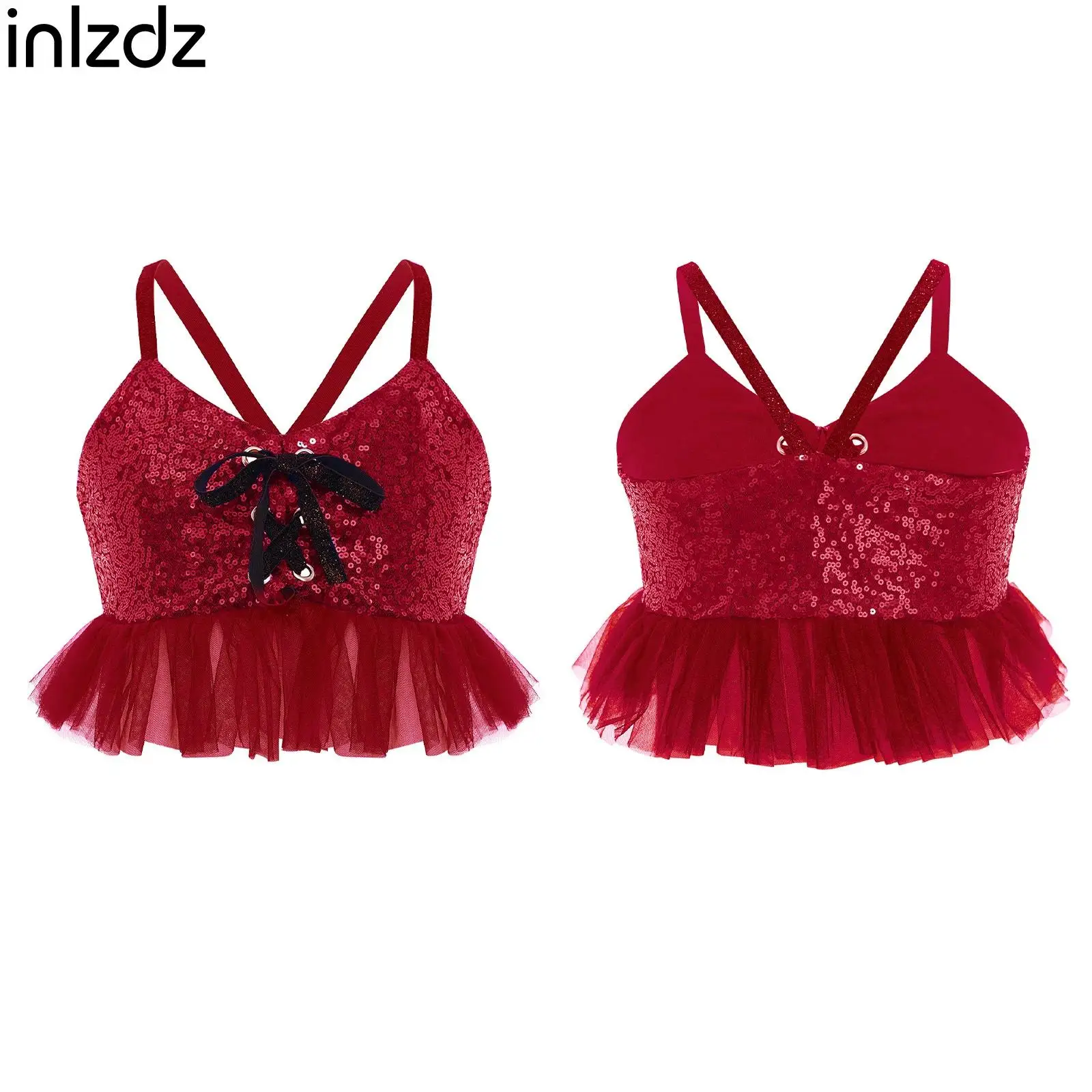 

Kids Girls Shiny Sequins Sleeveless Tops Tulle Ruffles Camisole Spaghetti Straps Crop Top Modern Jazz Hip-hop Dance Costumes