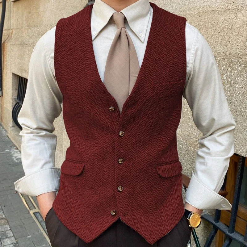 Herringbone Men Vest Waistcoat For Wedding Blue Solid Color Single Button Business Banquet Work Formal Men Suit Vest
