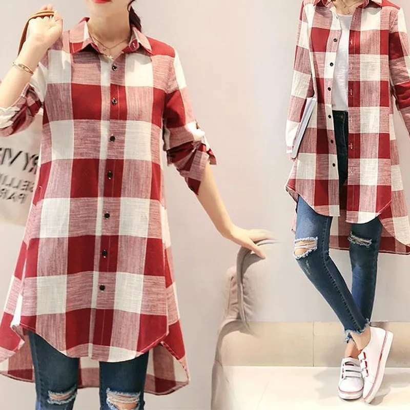 Spring Autumn Casual Fashion Turn-down Collar Plaid Shirt Women\'s Clothing New Loose Long Sleeve Button Irregular Blouse Female