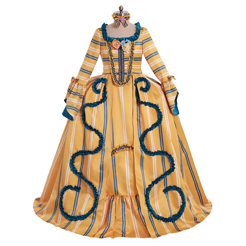 

18th Century Marie Antoinette Rococo Yellow Stripe Costume Regency Dress Medieval Robe Gown