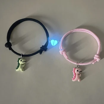 2 Pieces/Set Luminous Peach Heart Cute Green Pink Dinosaur Pendant Couple Bracelet…