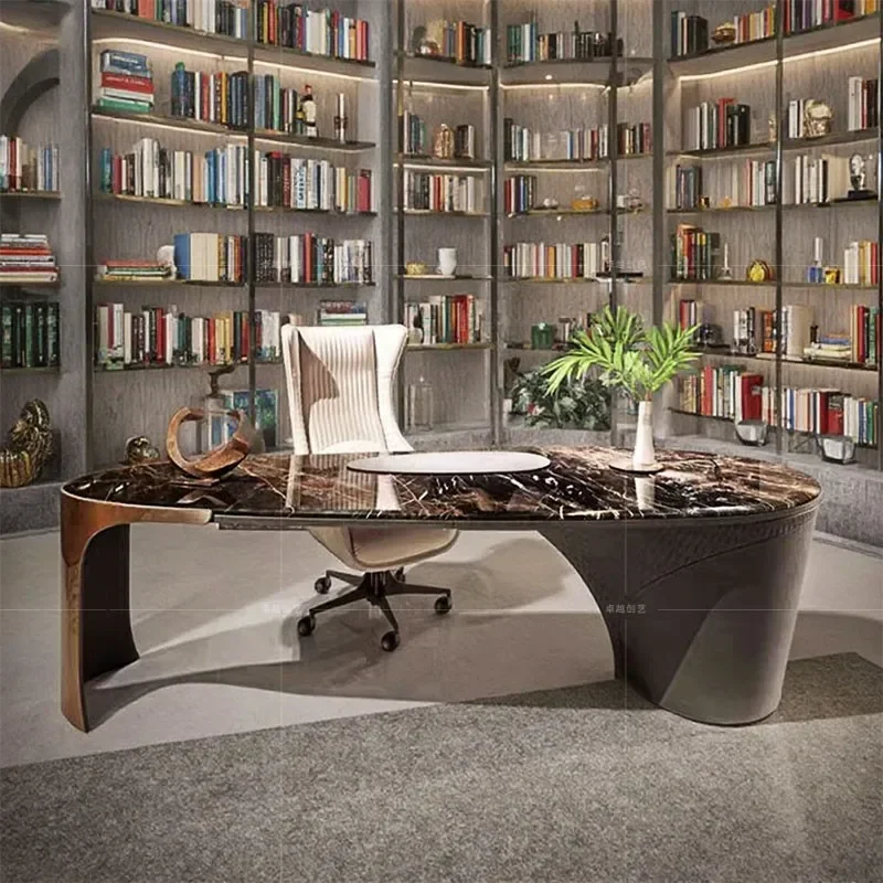 مكتب رخامي إيطالي خفيف فاخر وحديث وطاولة رئيسية ومصمم إبداعي على شكل خاص مع أدراج