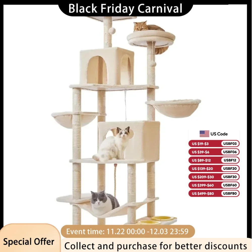 Cat Trees 66.2-Inch Cat Tower for Indoor Cats Plush Multi-Level Cat Condo with 12 Scratching Posts 2 Perches 2 Caves Hammock