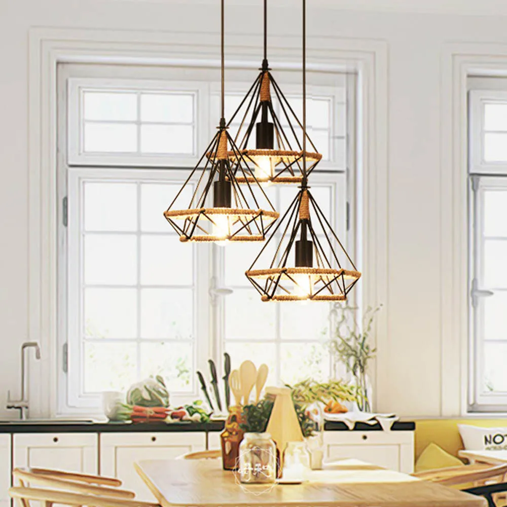 E27 Industrial Lighting Loft Pendant Light Vintage Lamp Shade Loft Coffee Bar Kitchen Hanging Pendant Light Metal and Hemp Rope