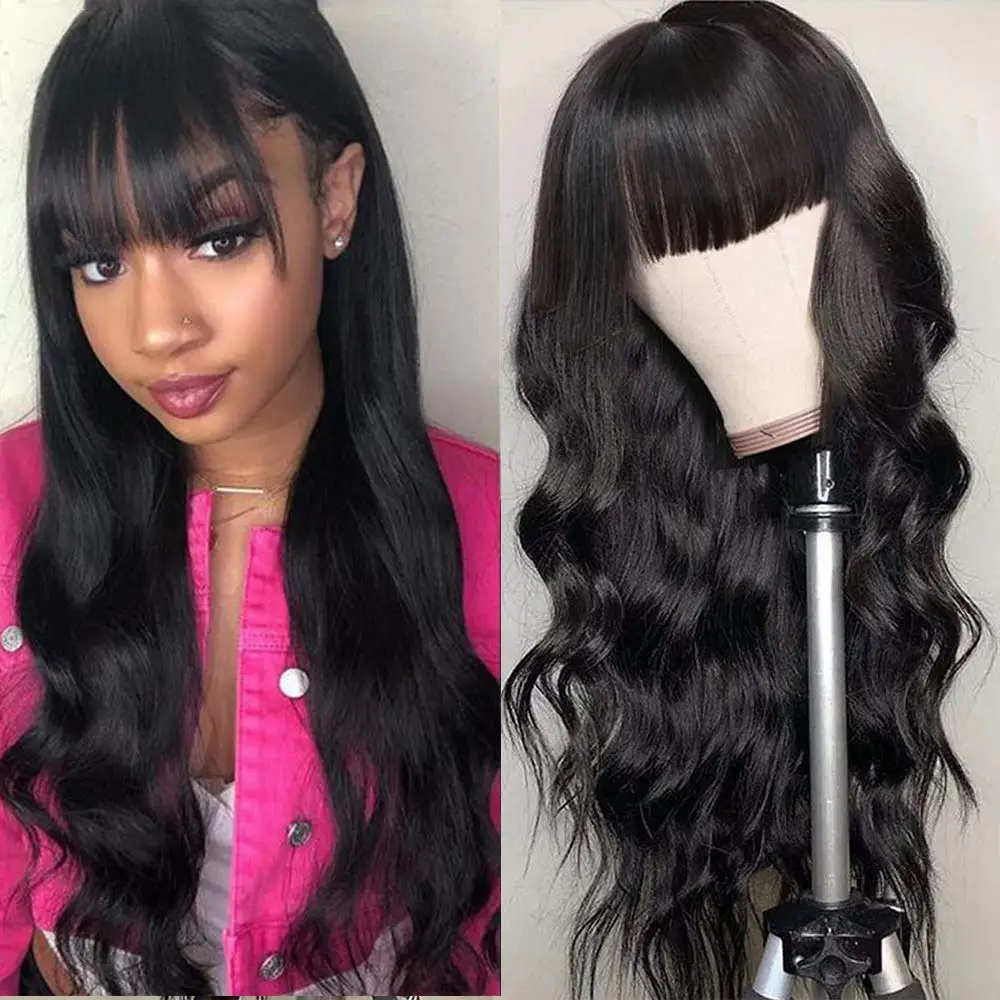 Body Wave Fringe Wig Long Human Hair Wigs With Bangs Brazilian Full Machine Made Wig With Bang Brazilian Virgin Hair For Women