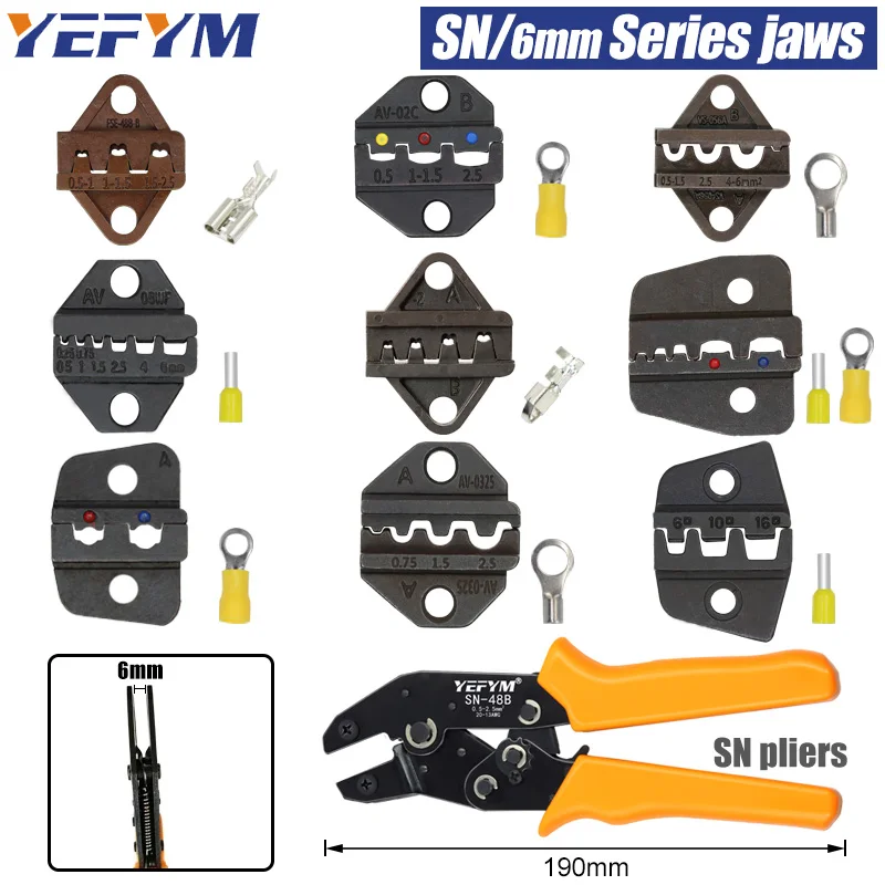 

SN/6mm Crimping pliers SN jaw (jaw width 6mm/pliers 190mm) for TAB 2.8 4.8 6.3/C3 XH2.54 3.96 2510 plug spring SN-48B SN-28B