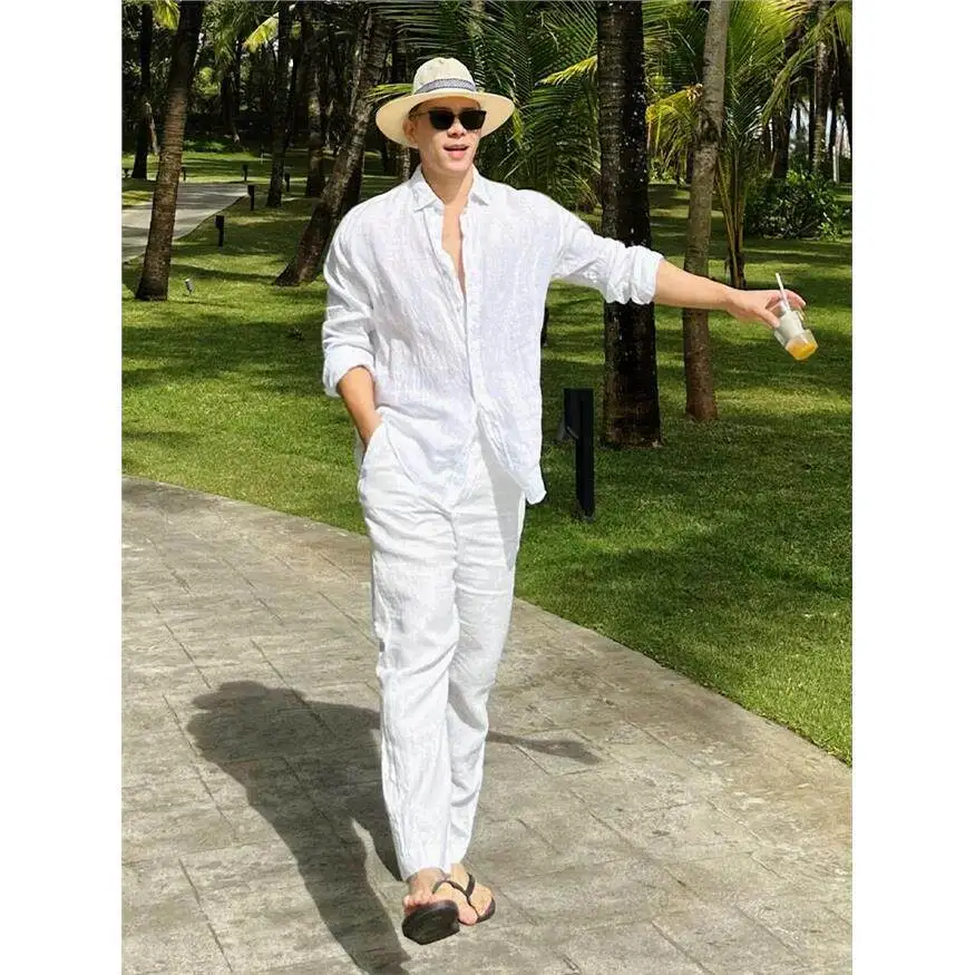 

High-End Casual Cotton Linen Shirt Set Men's Stand Collar Mid-Sleeve Shirt Leisure West Pants Two-Piece Set New Chinese Style
