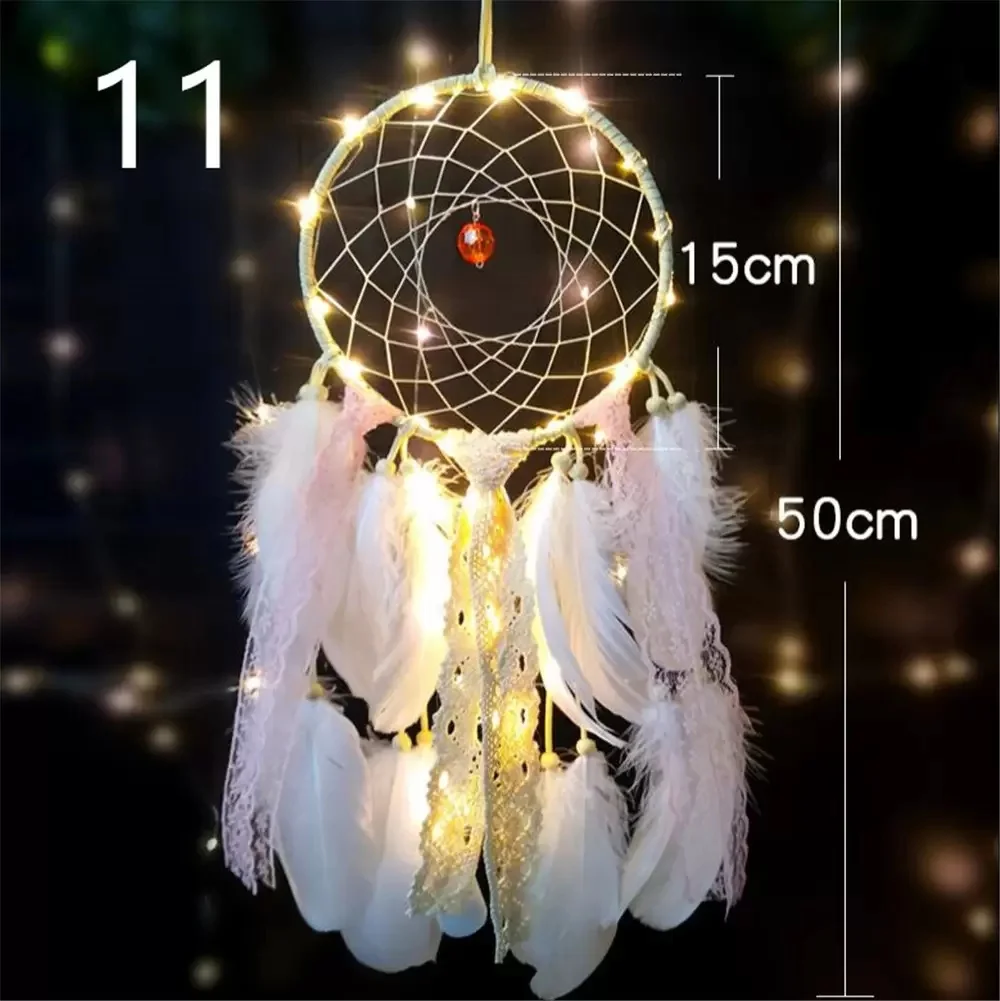 20pcs/lot Girl Heart Dream Catcher National Feather Ornaments Lace Ribbons Feathers Wrapped Lights Girls Room Decor