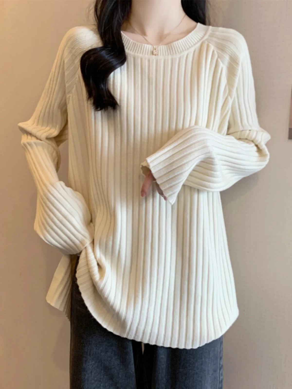 

Loose Knitted Sweater Women Winter plus Size Lazy Style Cover Belly Casual Long Sleeve round Neck Polyester Cotton Blend