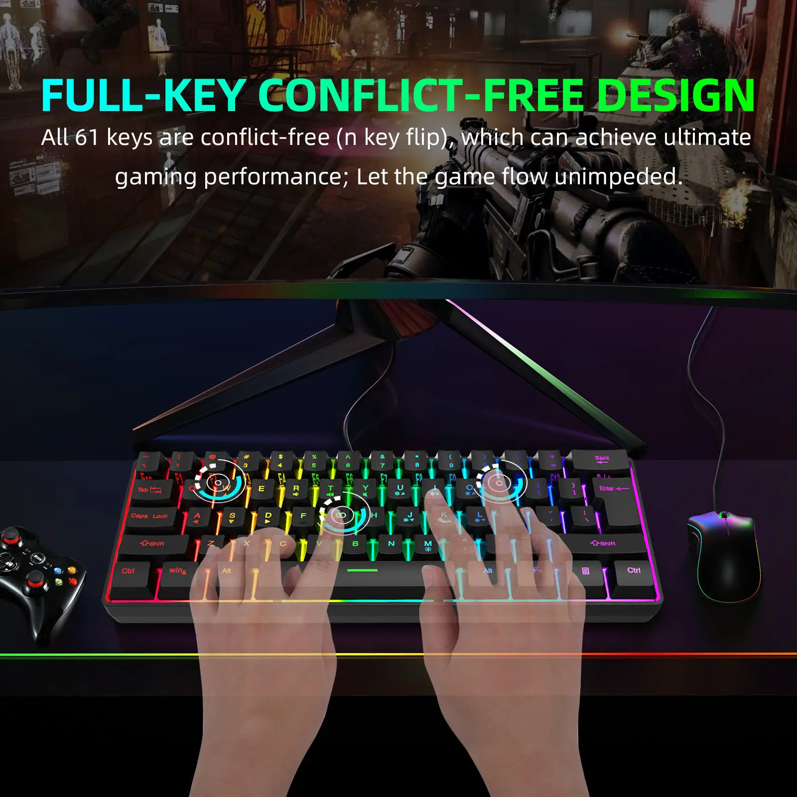 Multiple Color 61 Keys USB Wired RGB 60% Computer Gaming Small 60 Percent Keyboards