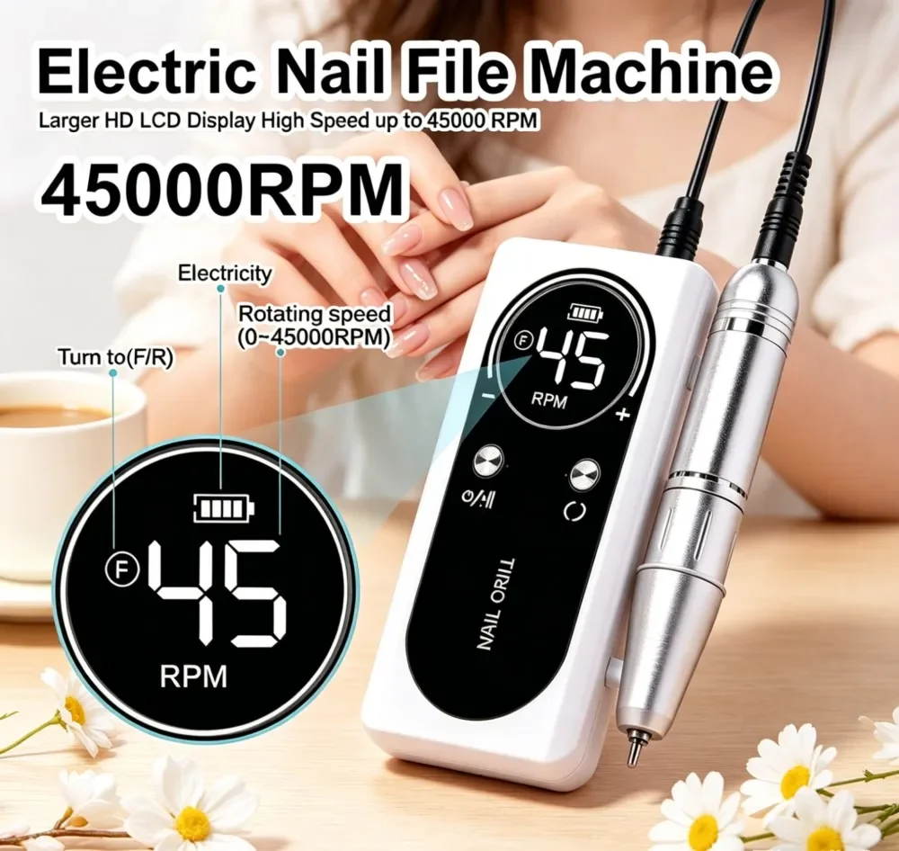 Portable 45000RPM LCD Rechargeable Nail Drill Machine Electric Nail File For Salon Manicure