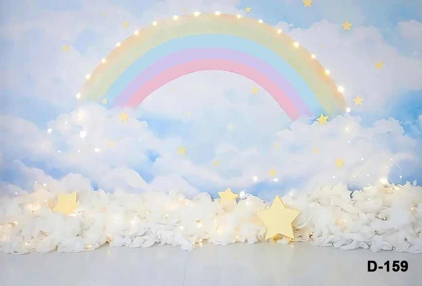 Toile de fond de photographie arc-en-ciel pour enfants, ballons colorés, petites étoiles scintillantes, décor de fête d'anniversaire Smash Cake