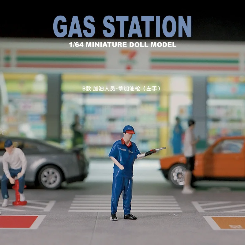 Painted Miniature 1/64 Gas Station Attendant hold Nozzle Model Figurine Landscape Mini Doll Props For Cars Display Decoration