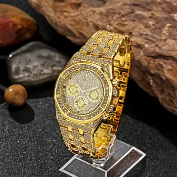 Relógio de negócios masculino moda cheio de diamante casual liga aço banda relógio de pulso de quartzo 4