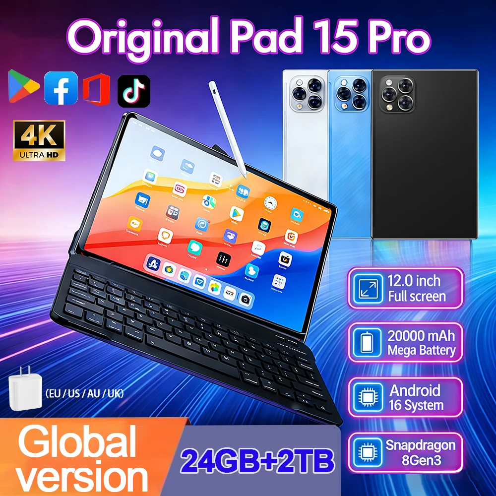 2026 12 inch Original Pad 15 Pro Tablet PC Android 16 22GB+2T 20000mAh Snapdragon 8Gen3 Tablets 5G Dual SIM Card WIFI HD 4K Tab
