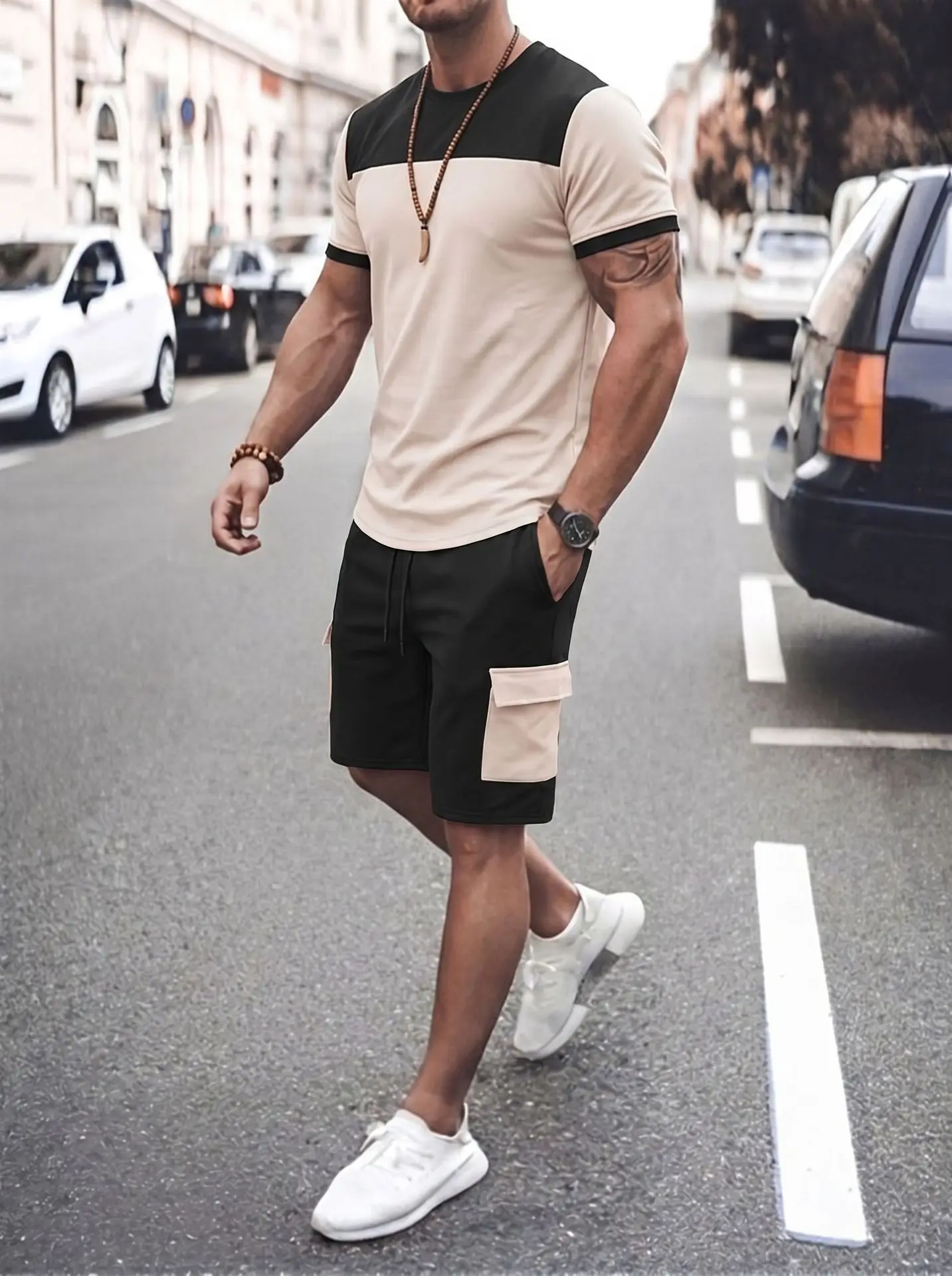 

European and American Summer Set, Solid Color Patchwork Casual Round Neck Short Sleeve T-Shirt and Cargo Shorts, Two Pieces