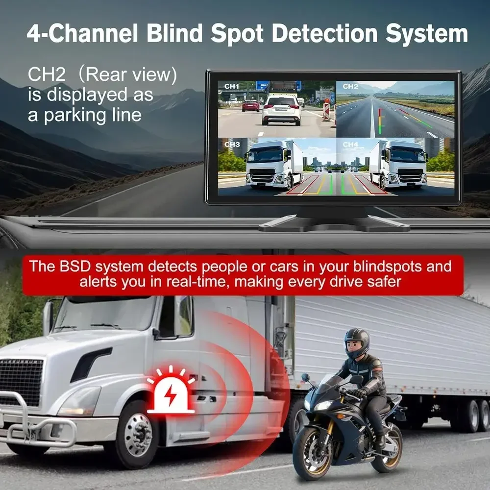 Truck RV Backup Camera System, 10.36'' Touch Screen Monitor with DVR Loop Recording, Smart BSD Alert, 4 HD 1080P IP69 Waterproof view 5