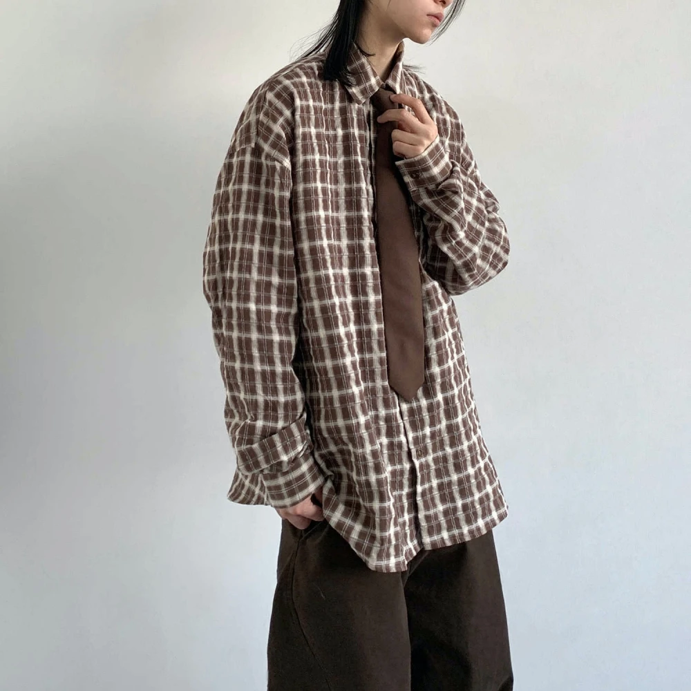Japanese Vintage Plaid Shirt For Men Women Oversized Casual Spring Lightweight Coat Color Block Preppy Style Relaxed Harajuku