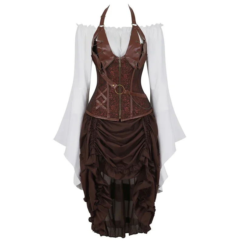 Corset Bustier Steampunk Dress Top Skirt 3 Set Sexy Plus Size Vintage Gothic Pirate Costume Cosplay Leather Burlesque Brown