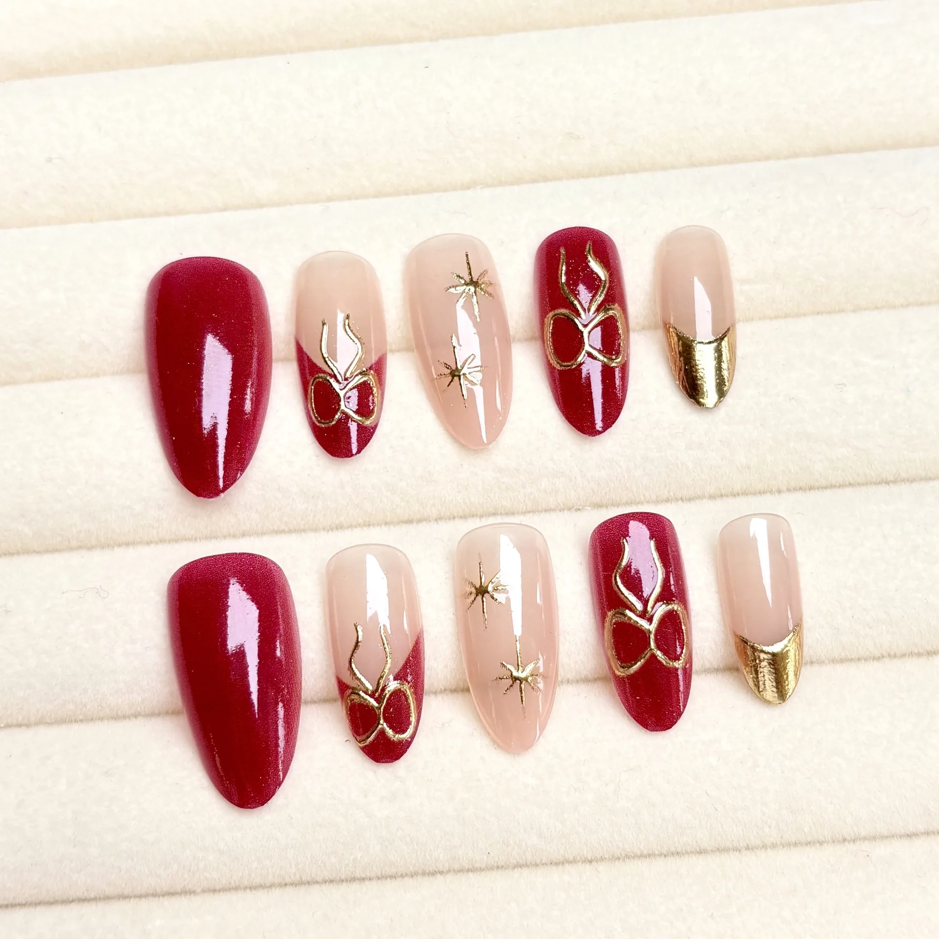 24 pièces oeil de chat faux ongles fini poudre brillante perle conception ongles ensembles presse sur fleur de mode français longs amande faux ongles